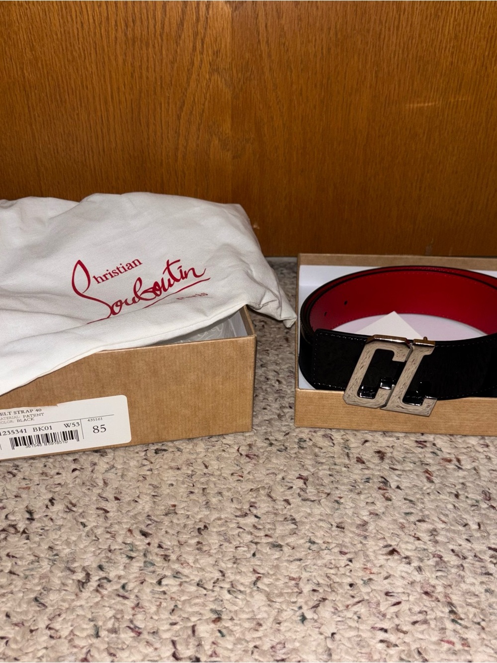 Christian Louboutin Black Leather Belt with Red Interior and Silver Buckle